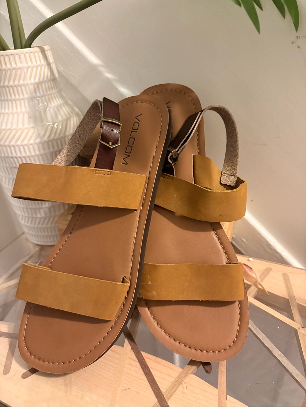 Volcom Women’s Mustard Yellow Double Strap Leather Sandals